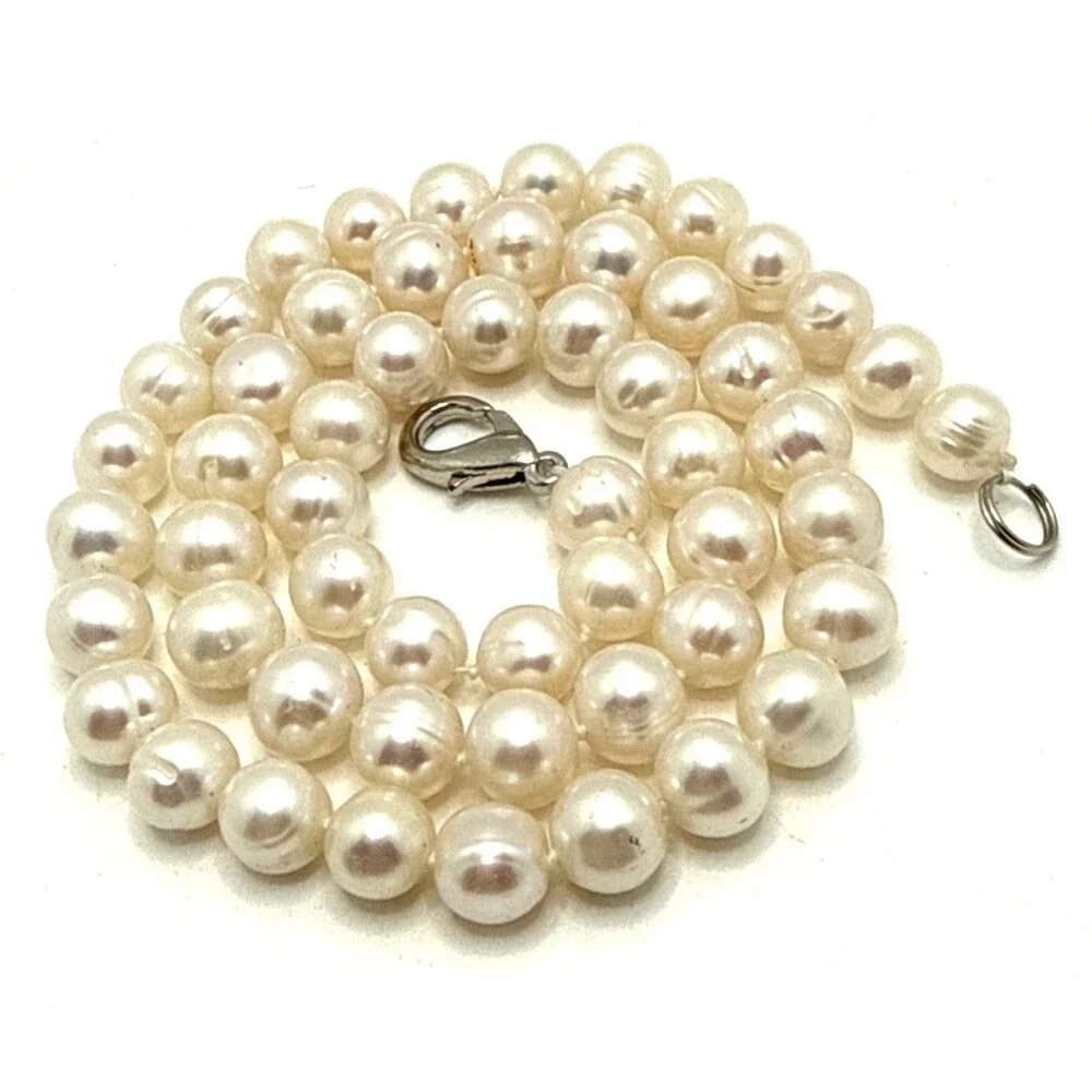 Genuine Pearl Choker Necklace 8mm Ringed Cream Color Hand Knotted 18.5